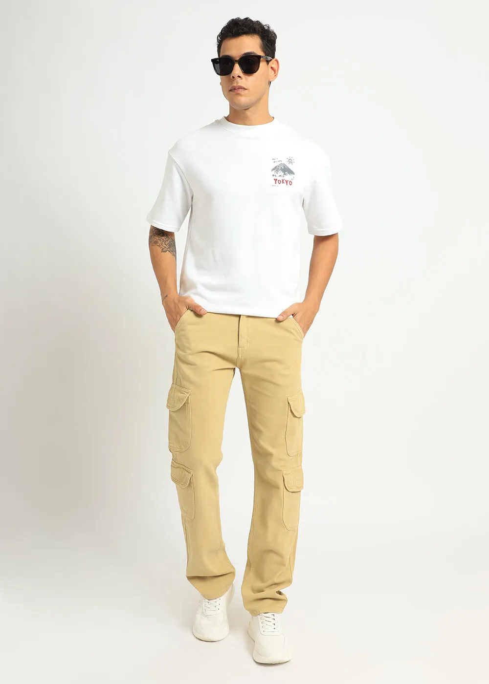 Beige Double Pocket Cargo Denim