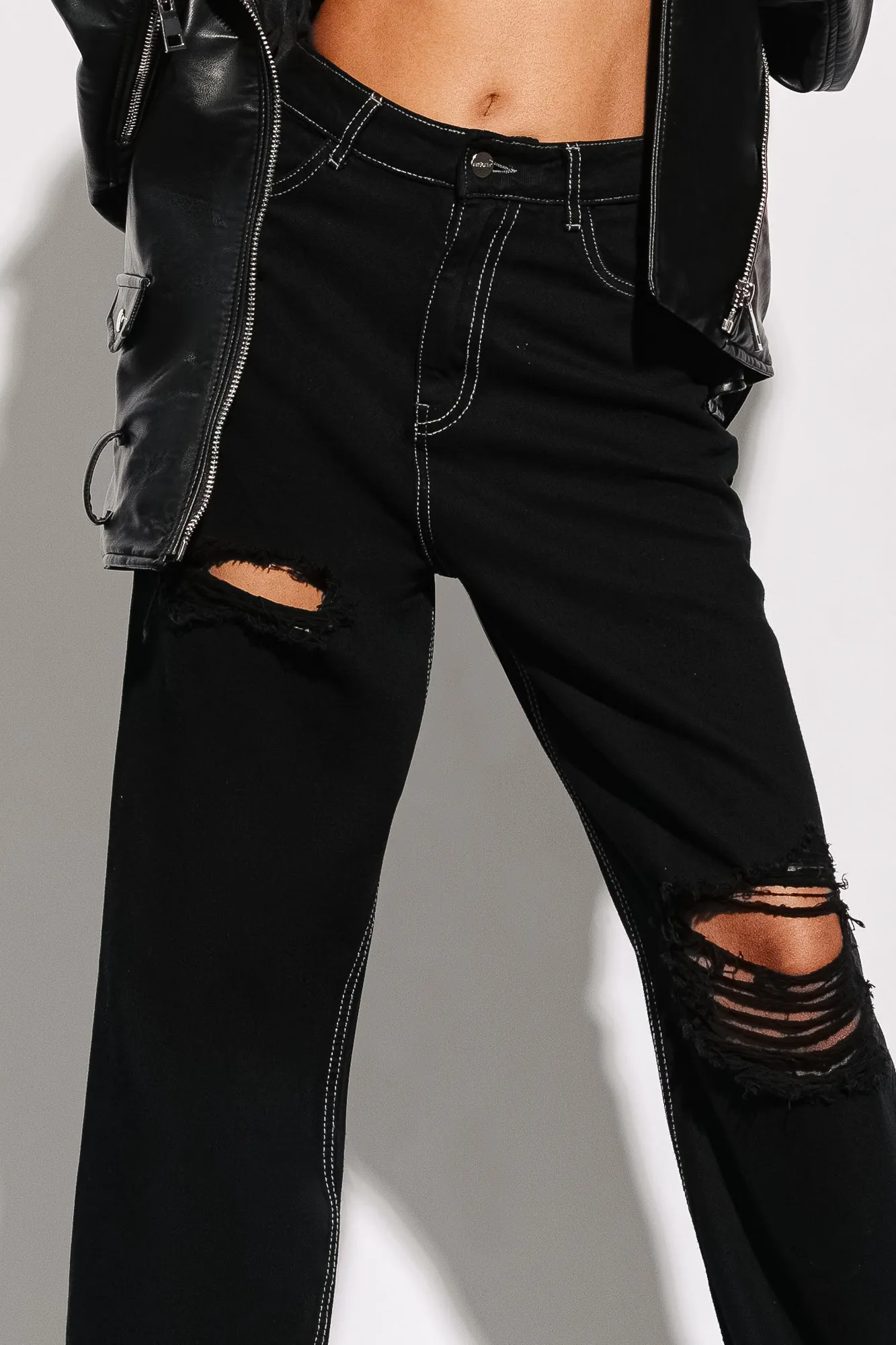 Black Distress Straight Jeans