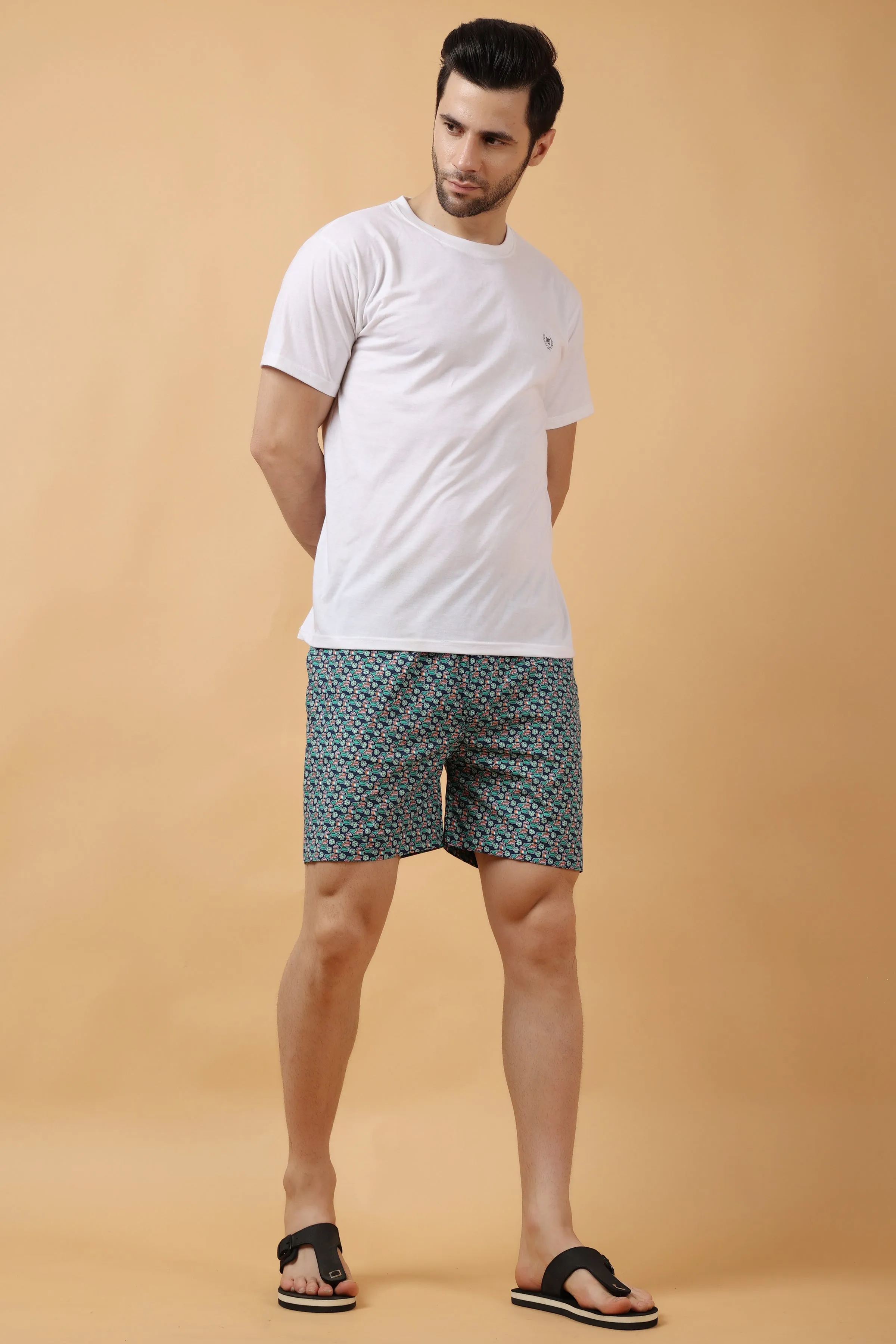 Blue Printed Poplin Cotton Shorts