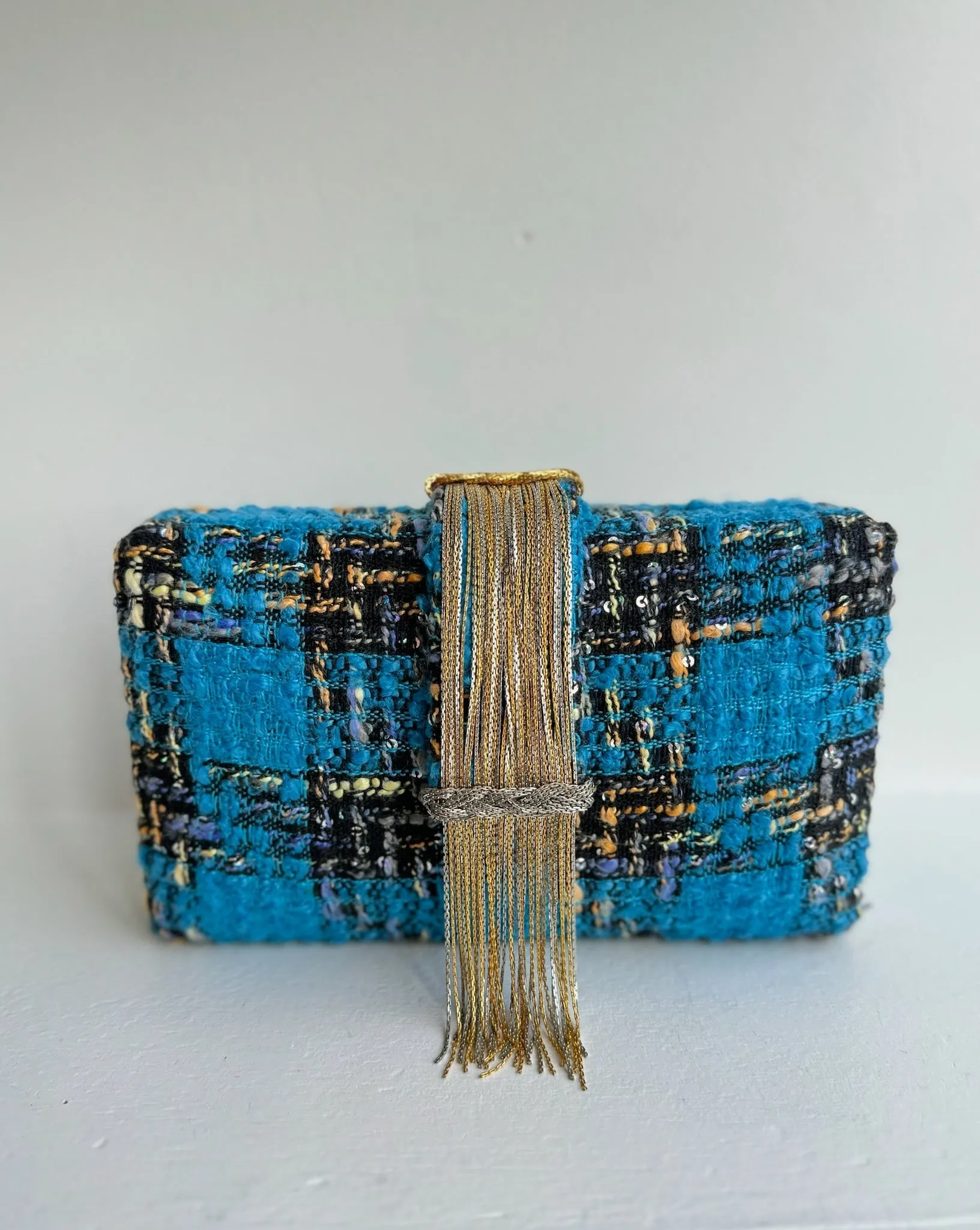 Blue Tweed Fringe Clutch