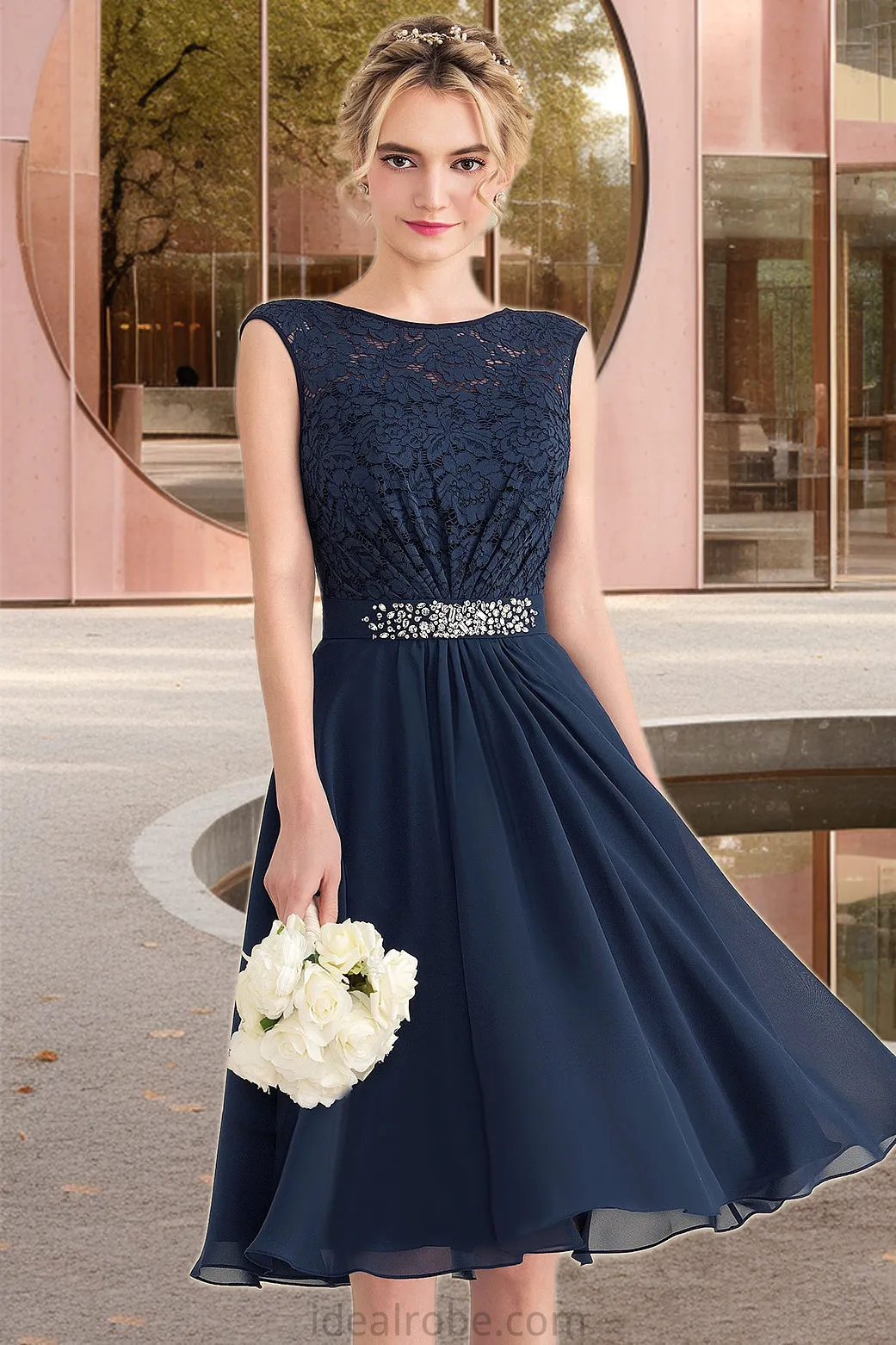 Casey A-line Scoop Knee-Length Chiffon Lace Homecoming Dress With Beading Bow STKP0020588