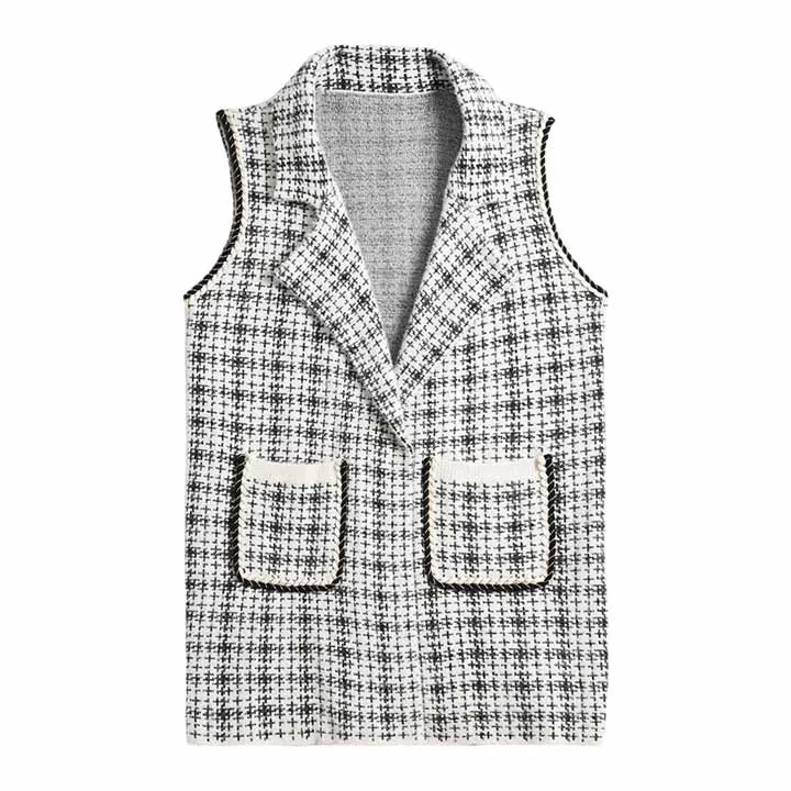 Check Patterned Front Pockets Vest