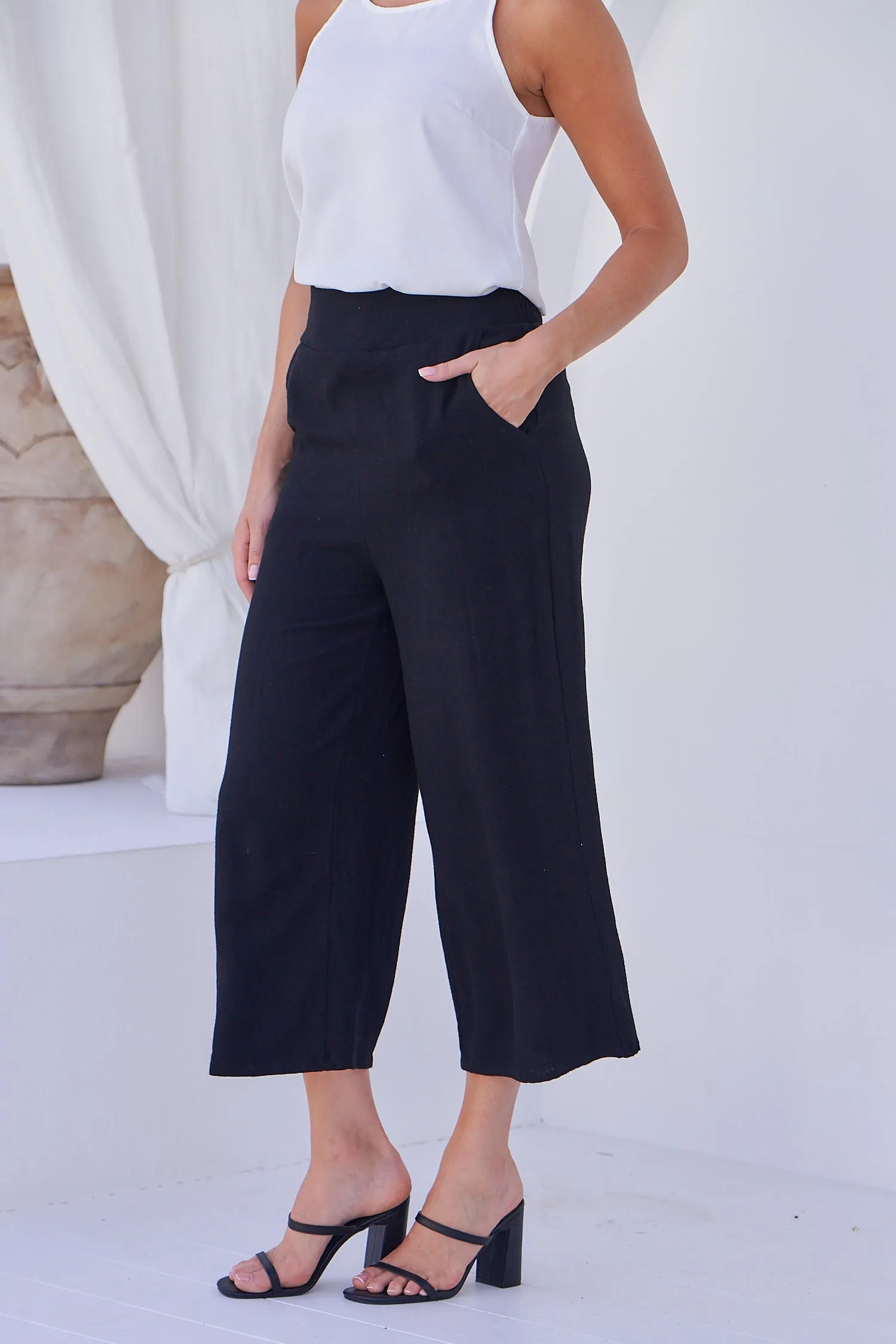 Clover Black Linen Culotte Pants