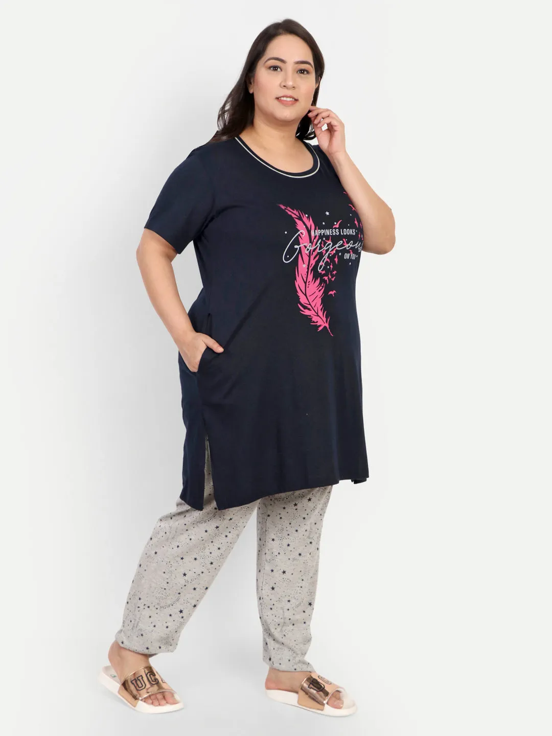 Cotton Nightsuit For Women - Long Top &Pyjama Set - Navy Blue & Grey