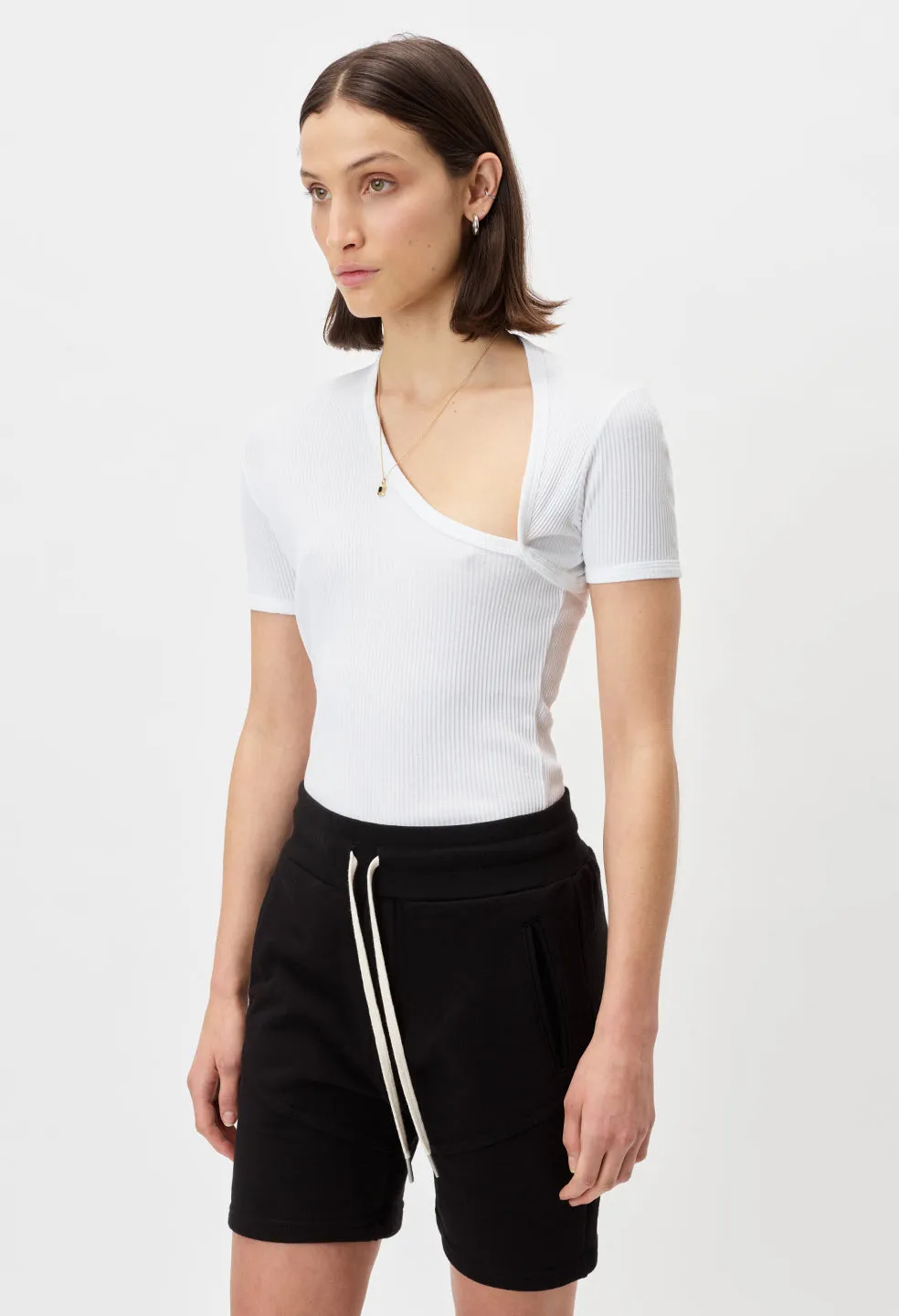 Cotton Rib Asymmetrical Tee / White