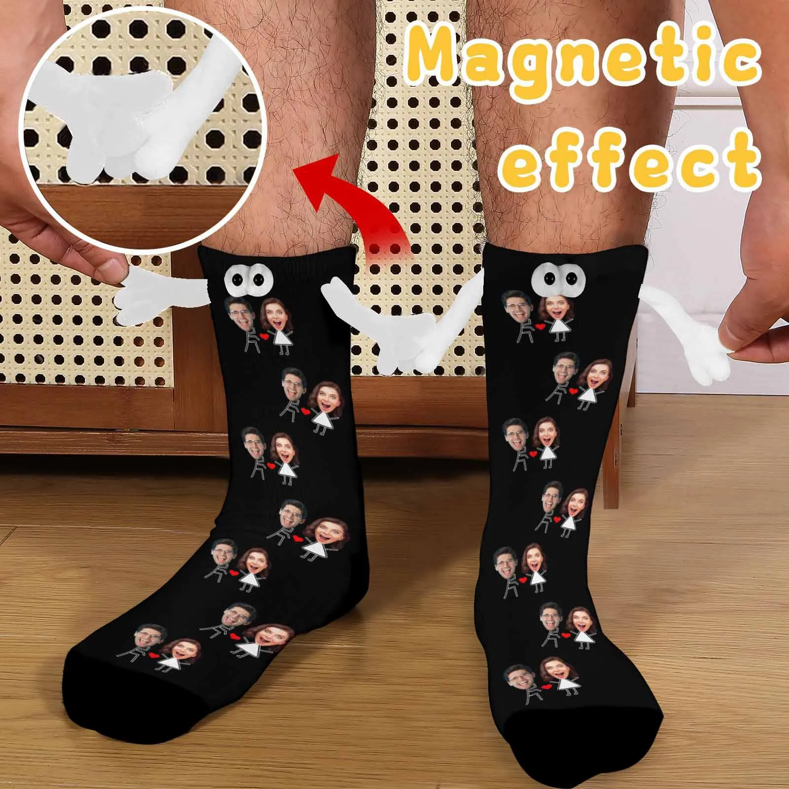 Custom Face Love Heart Magnetic Holding Hands Socks Suction Funny Big Eye Socks Couple Valentine's Day Gift