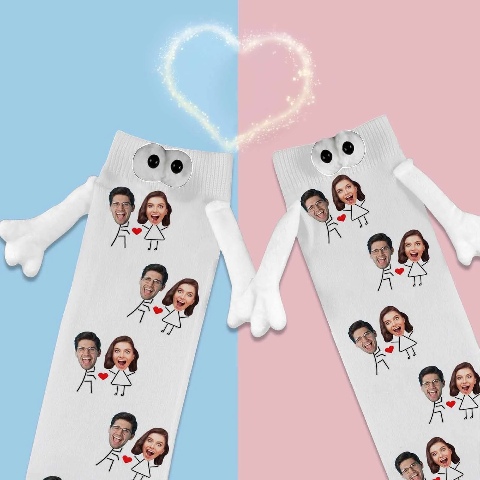 Custom Face Love Heart Magnetic Holding Hands Socks Suction Funny Big Eye Socks Couple Valentine's Day Gift