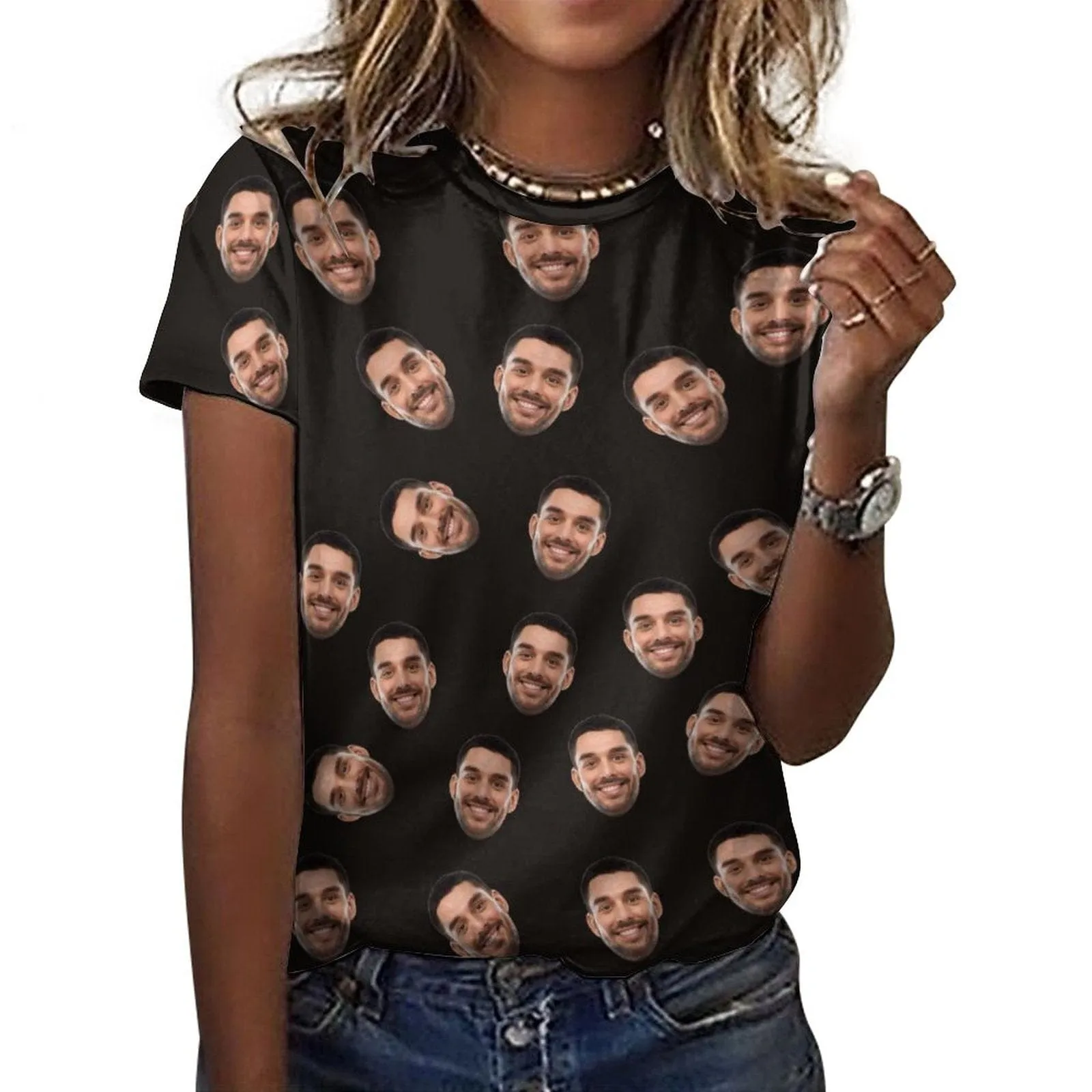 Custom Face Multicolor Women All Over Print Cotton T-shirt