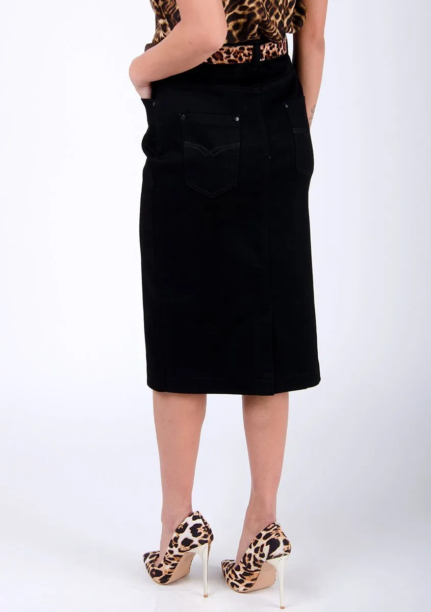 CYNTHIA Black Denim Midi Skirt