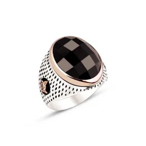 Facet Cut Black Onyx Stone Ellipse Silver Men’s Ring Siding Teardrop Pattern and Ottoman Tughra