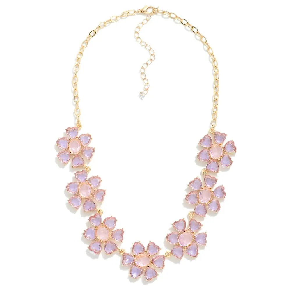 Glass Crystal Flower Necklace - Lavender & Pink