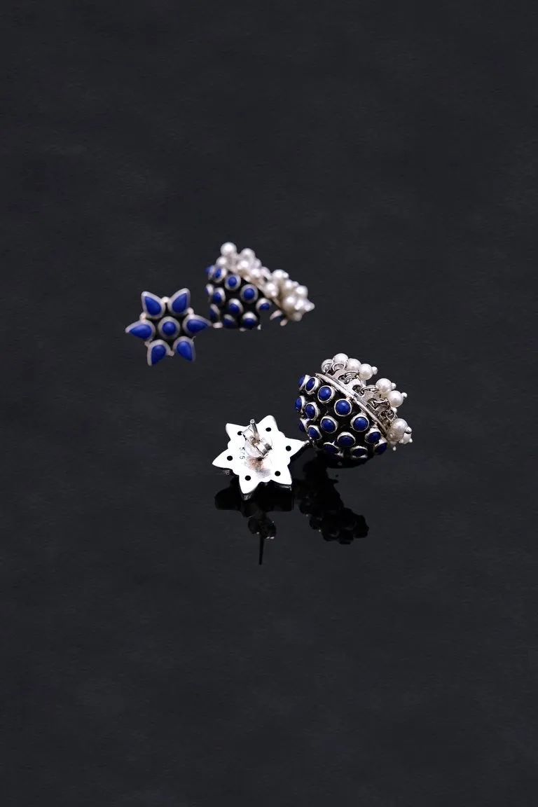 Gloomy Blue Coloured Flower Motif Jhumkis