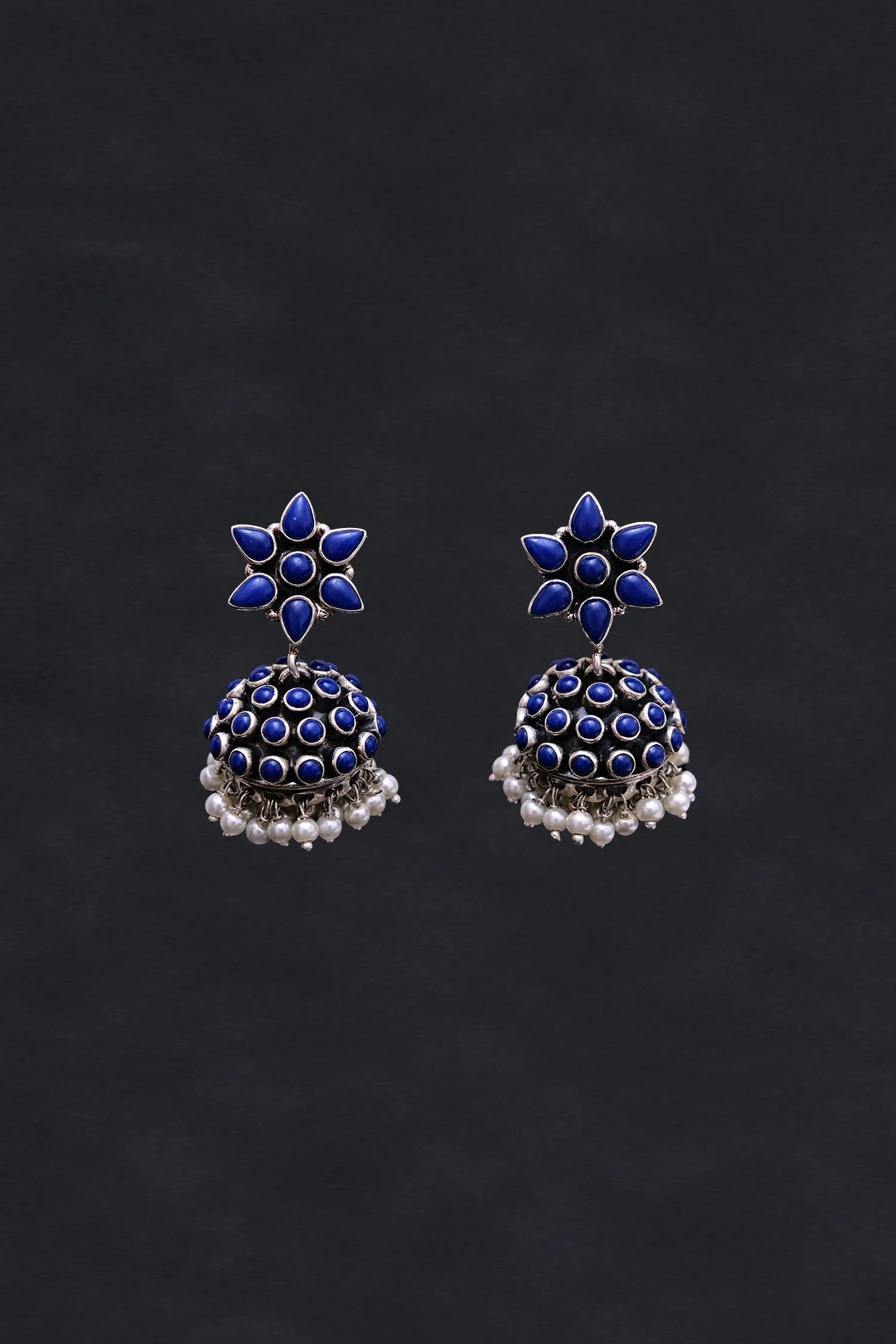 Gloomy Blue Coloured Flower Motif Jhumkis