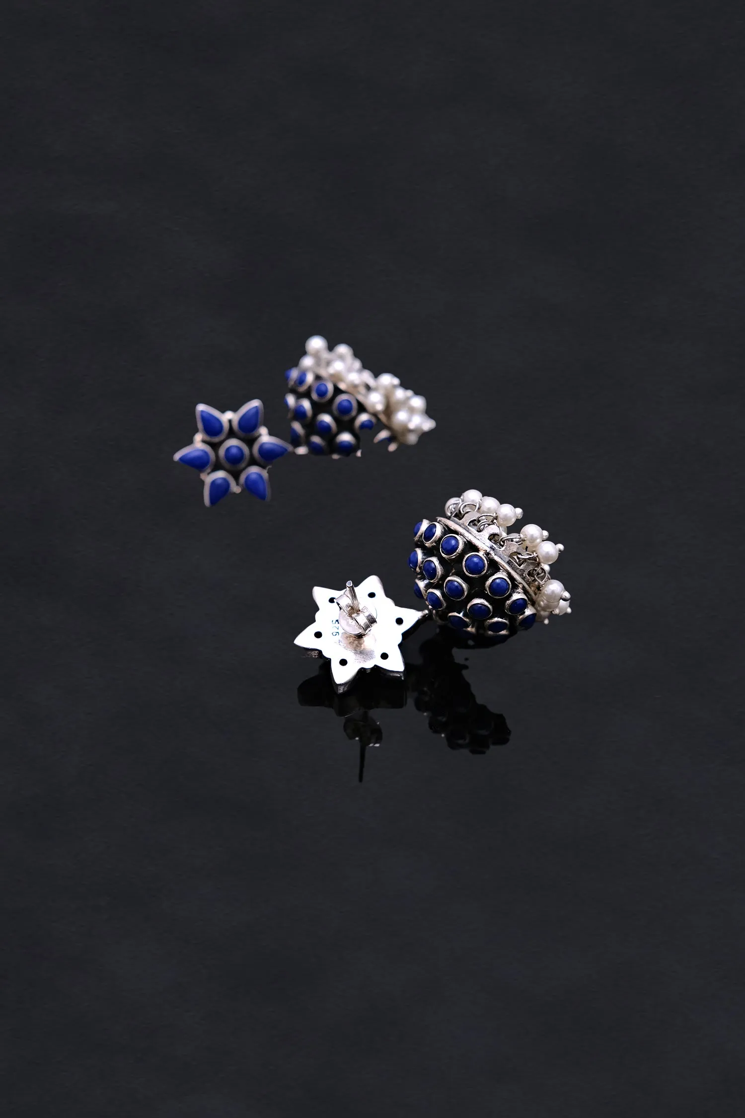 Gloomy Blue Coloured Flower Motif Jhumkis