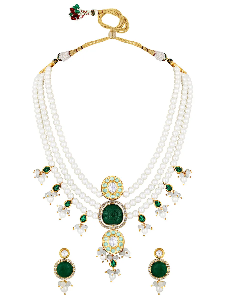 Gold Plated Kundan Necklace with Onyx and Pearls