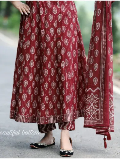 Handblock Cotton Red Salwar Suit