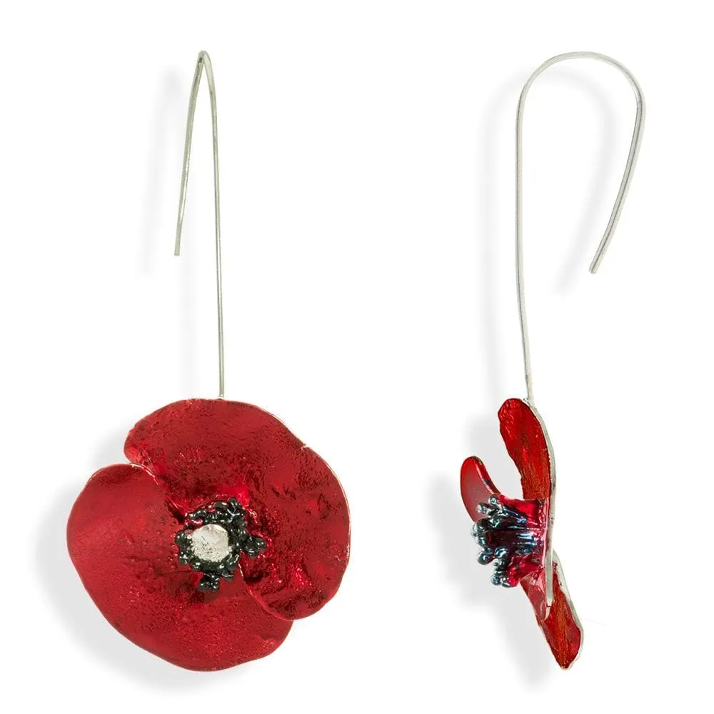 Handmade Sterling Silver Red Poppy Flower Impressive Drop Earrings