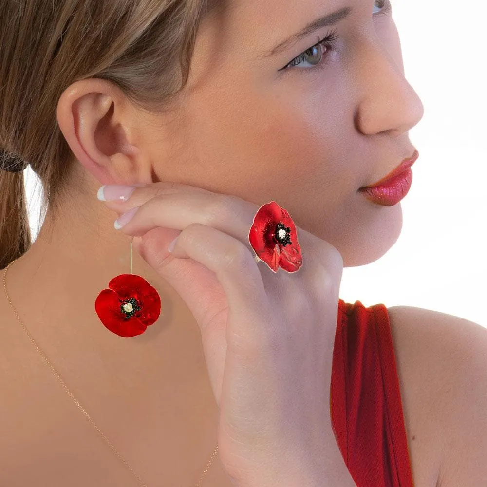 Handmade Sterling Silver Red Poppy Flower Impressive Drop Earrings