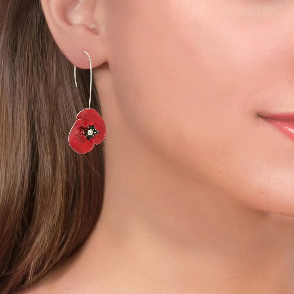 Handmade Sterling Silver Red Poppy Flower Impressive Drop Earrings