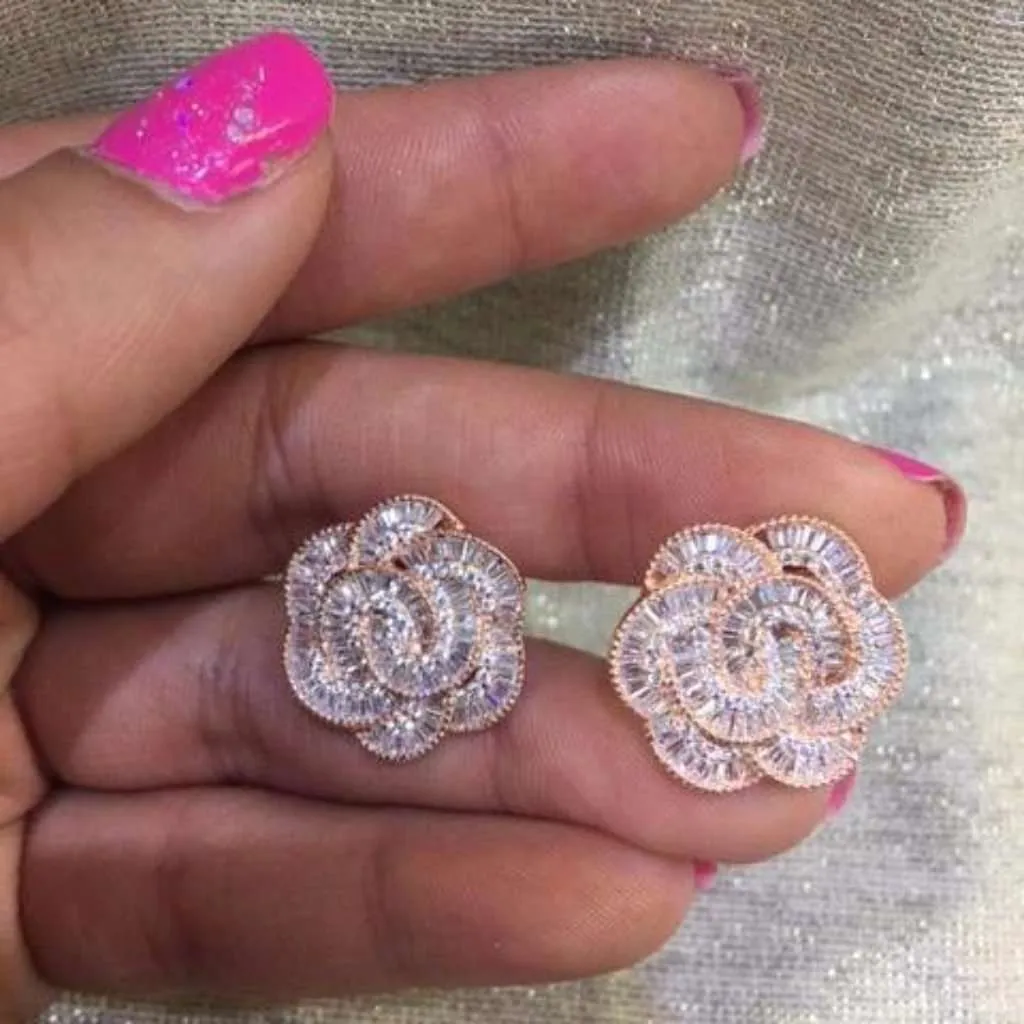 Italian CZ Baguette Flower Earrings