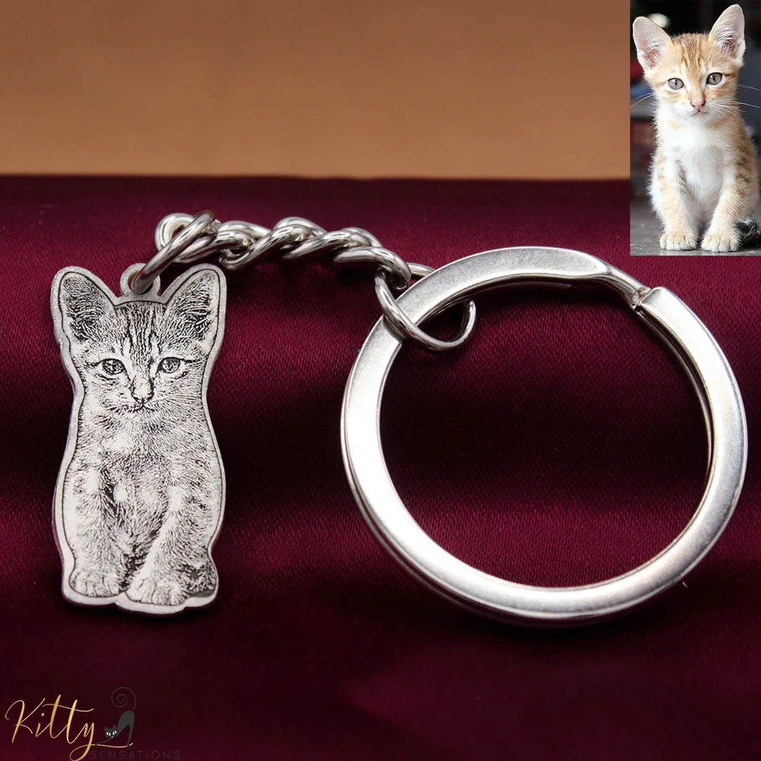 KittySensations Custom Cat Keychain with Personal Engraving in Solid 925 Sterling Silver