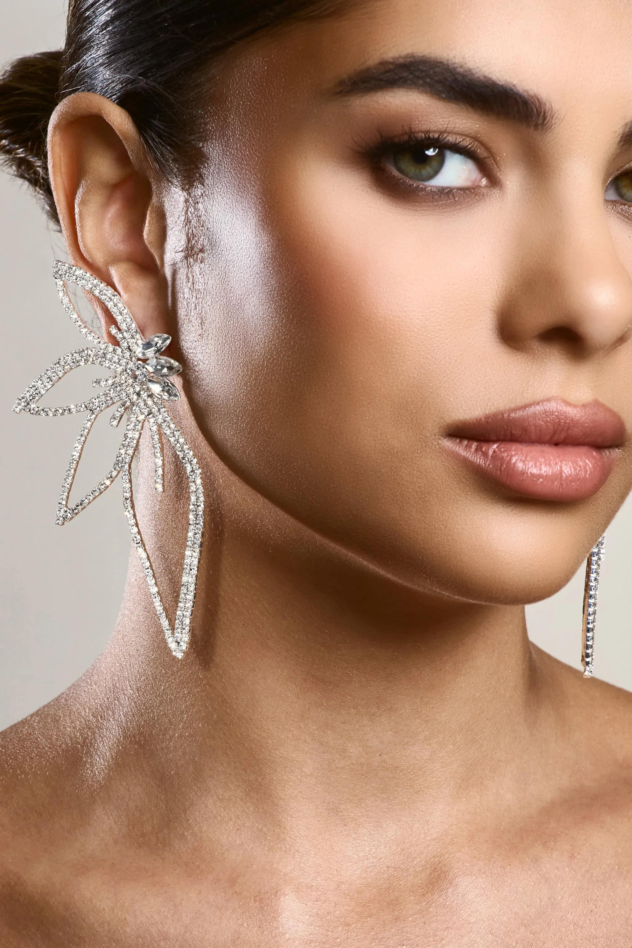 Lorenza | Silver Rhinestone Statement Flower Earrings