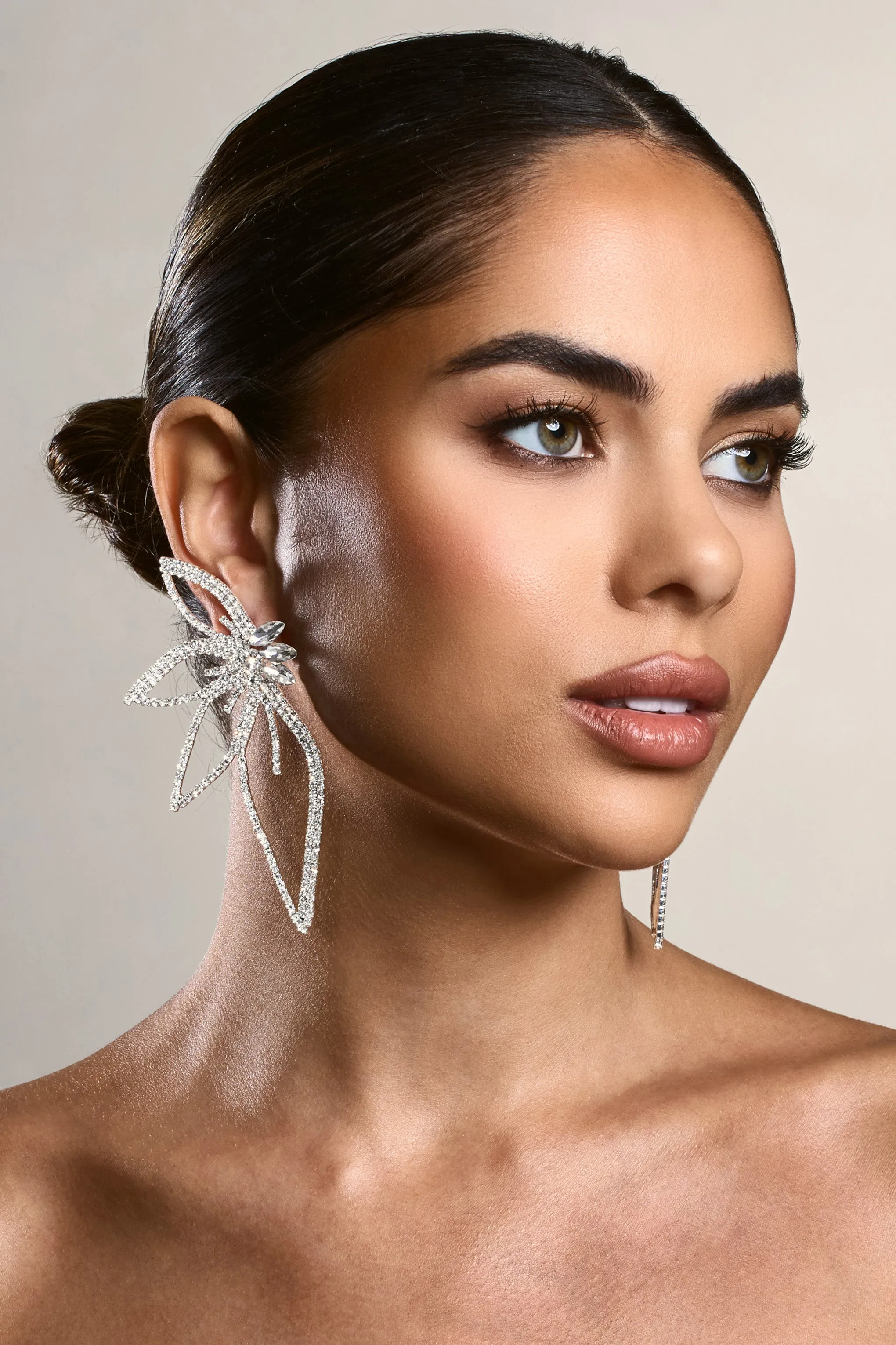 Lorenza | Silver Rhinestone Statement Flower Earrings