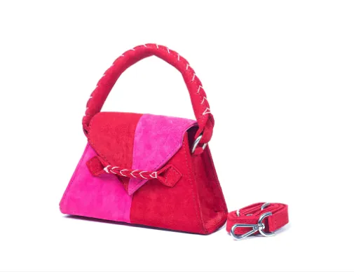 MARTE EGELE RED AND PINK SPLIT TOY ESE Handwoven Top Handle, Front Closure Strip, and magnetic closure Handbag