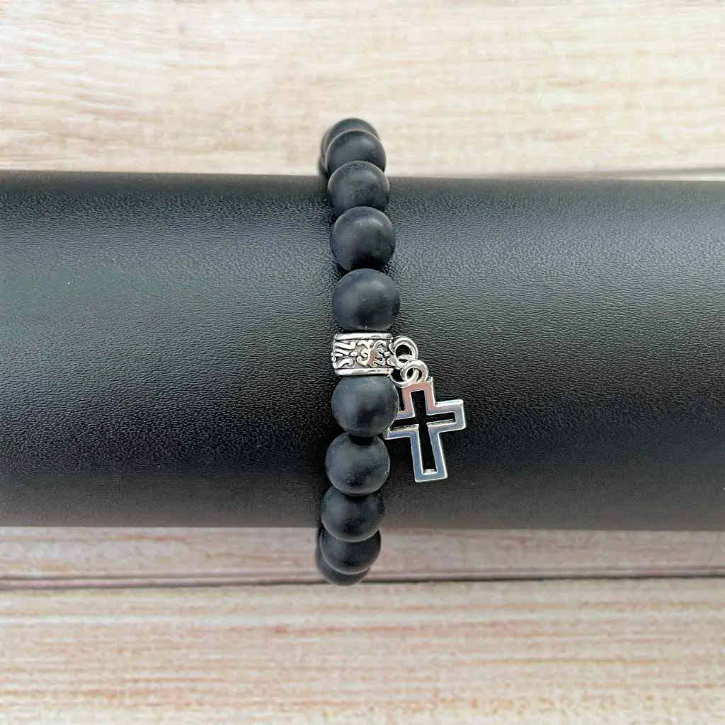 Matte Black Onyx and Silver Cut Out Cross Mens Beaded Bracelet