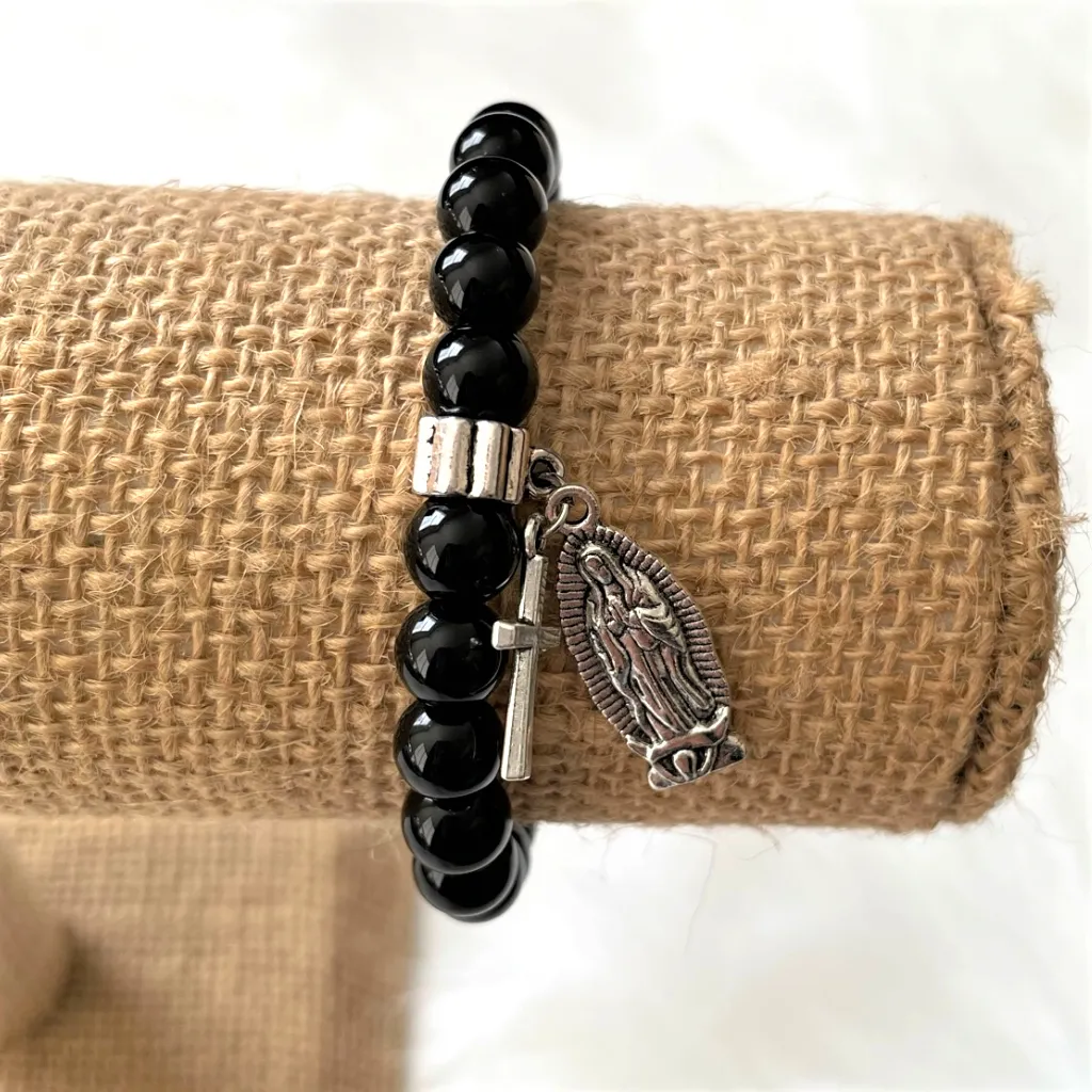 Mens Black Onyx and Silver Saint Mary and Cross Charm Bracelet