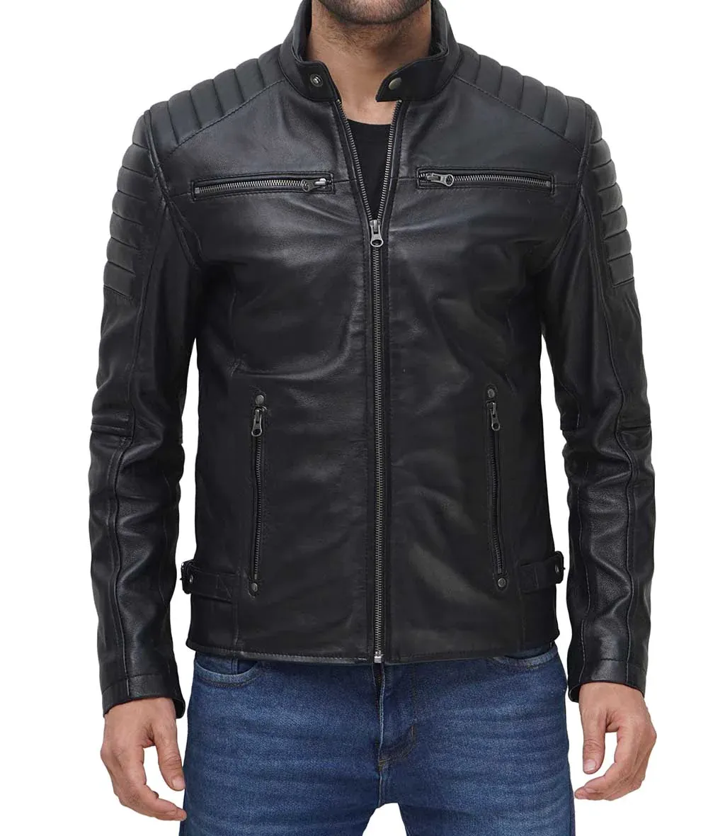 Mens Genuine Leather Stand Collar Motorcycle Jacket