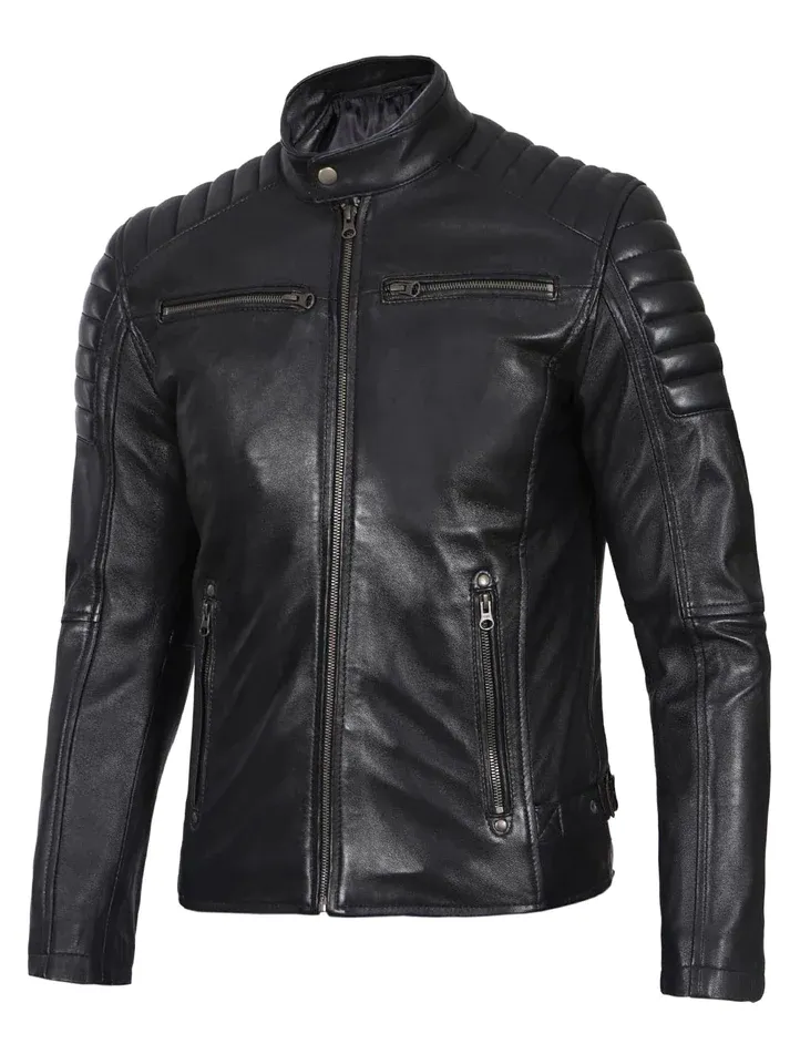 Mens Genuine Leather Stand Collar Motorcycle Jacket