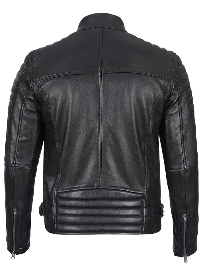 Mens Genuine Leather Stand Collar Motorcycle Jacket