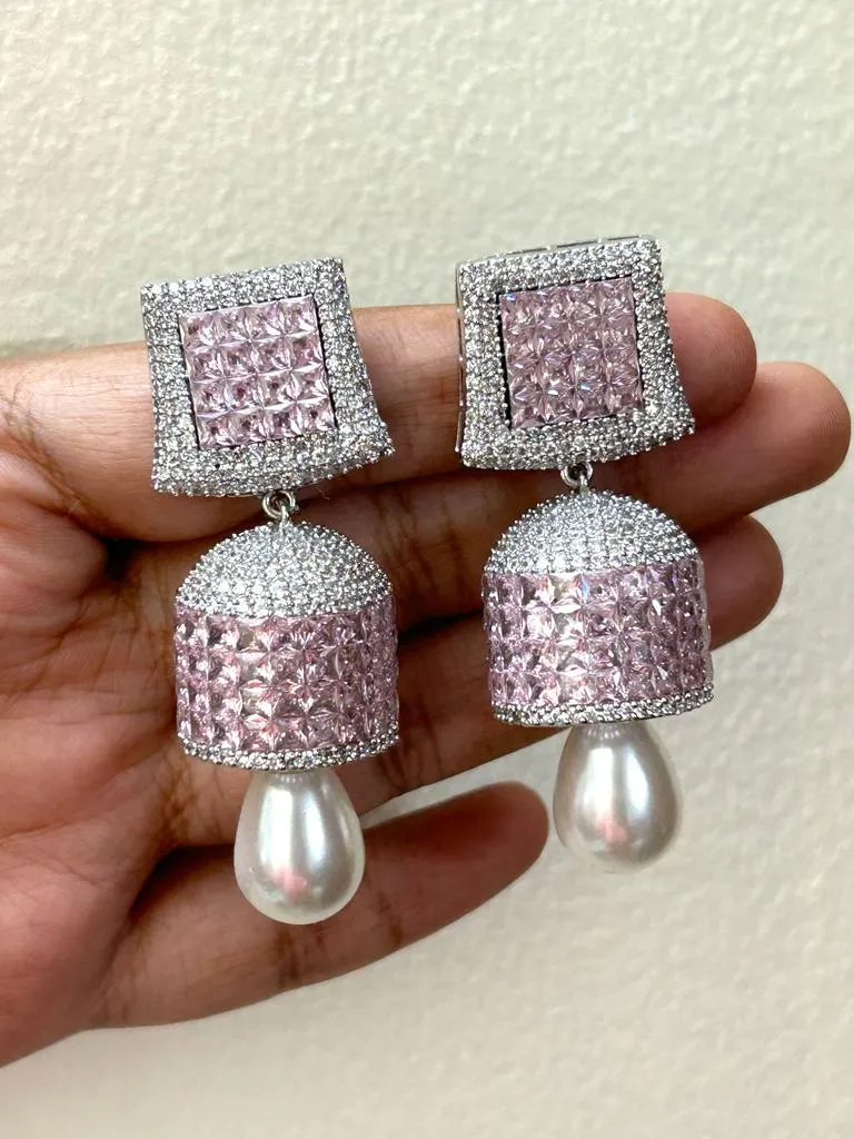 Pastel Pink  and White stone studded Diamond Invisible stone  Setting Jumka for Women-SANDY001IJWPP