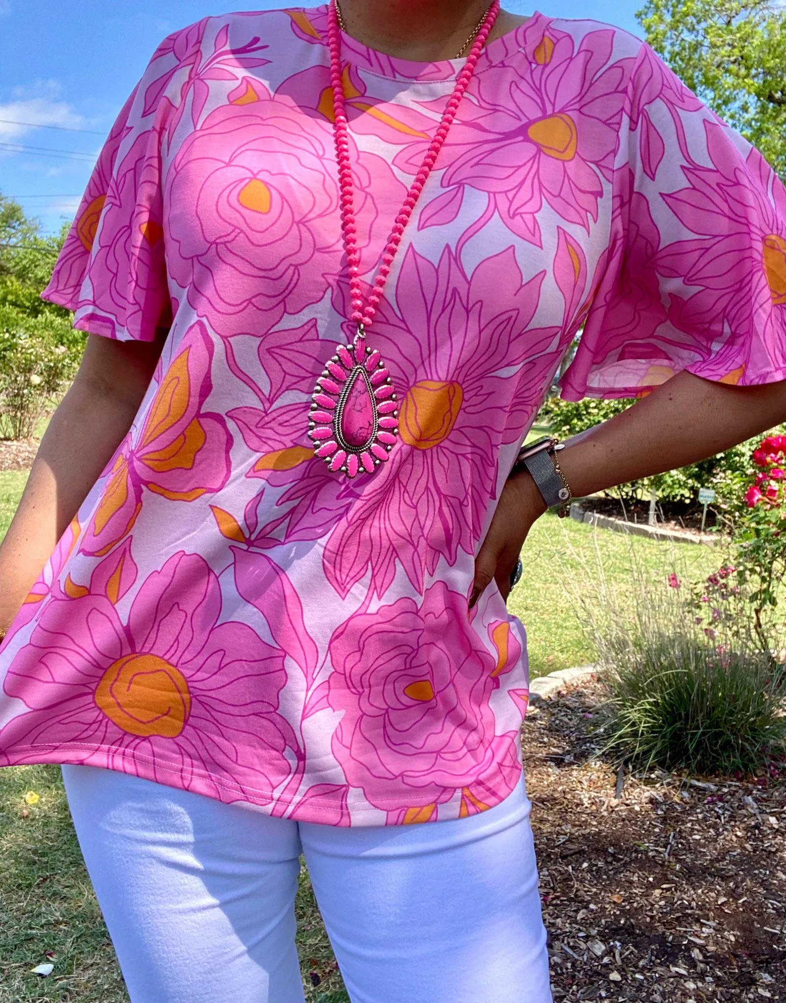 Pink and orange flower top flutter sleeves