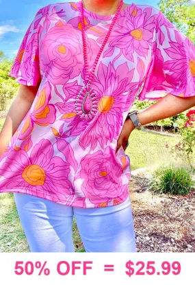 Pink and orange flower top flutter sleeves