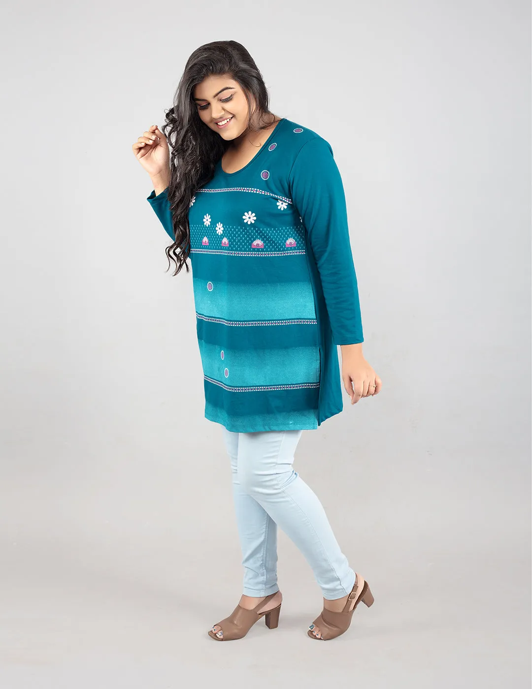 Plus Size Printed Long Tops For Women Full Sleeves T-shirts - Teal Blue