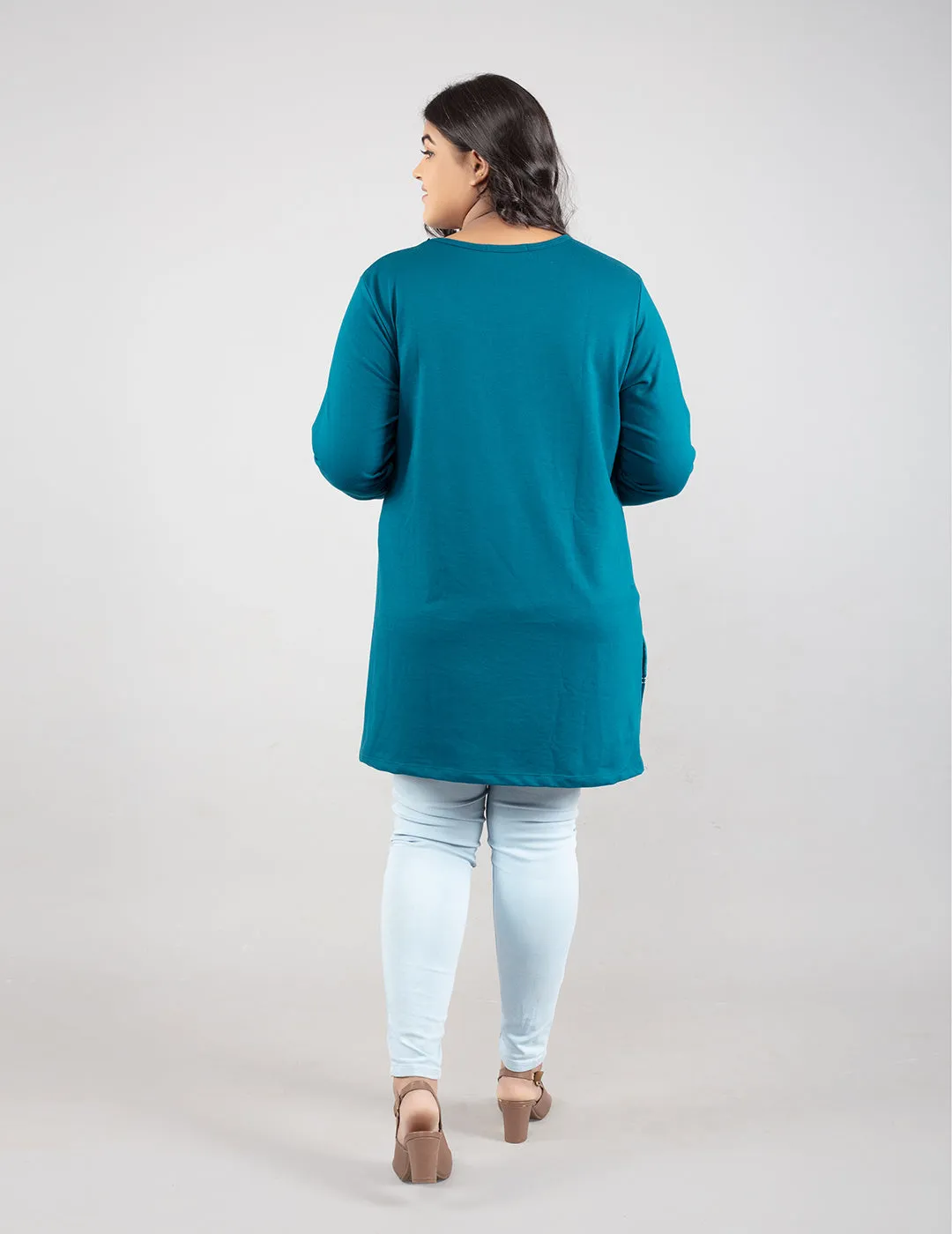 Plus Size Printed Long Tops For Women Full Sleeves T-shirts - Teal Blue