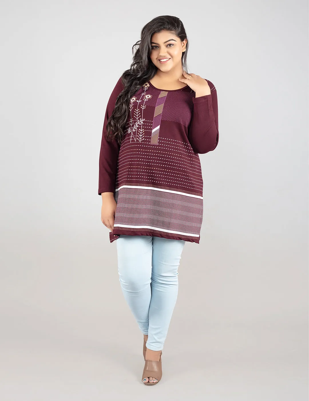 Plus Size Printed Long Tops For Women Full Sleeves T-shirts