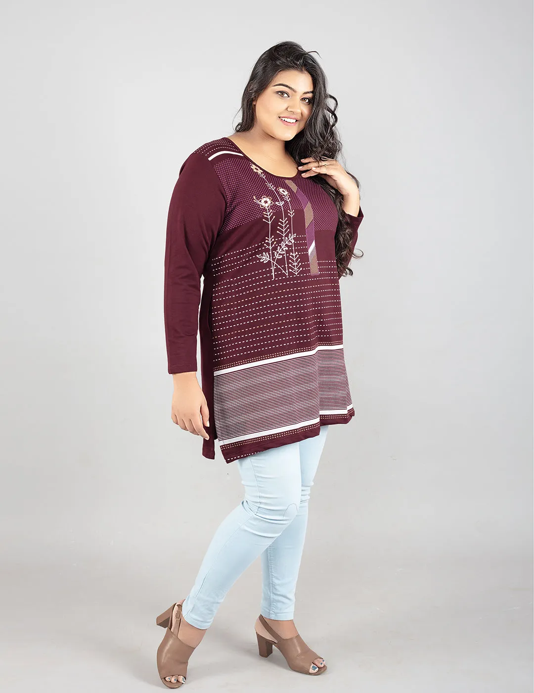 Plus Size Printed Long Tops For Women Full Sleeves T-shirts