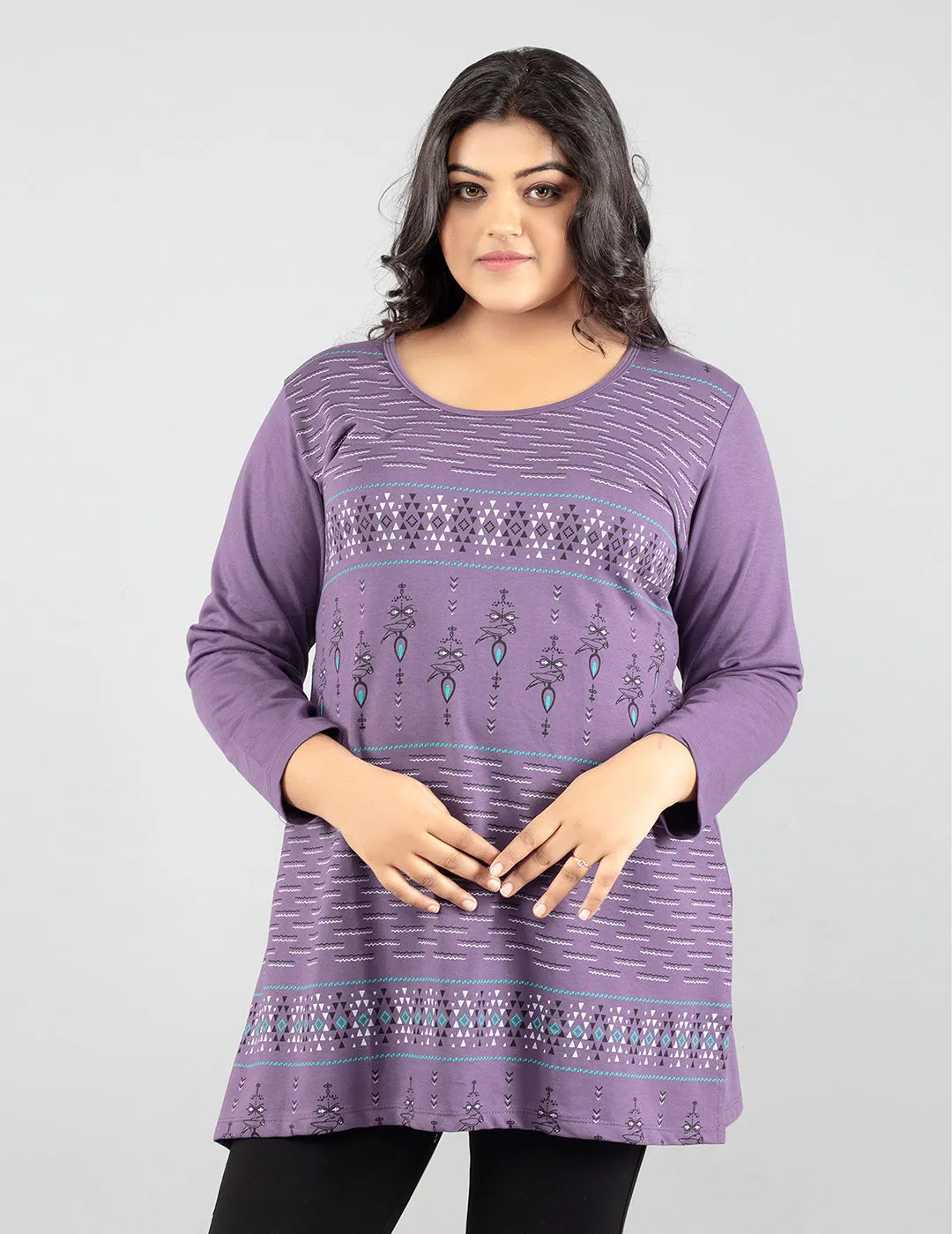 Plus Size Printed Long Tops For Women Full Sleeves T-shirts