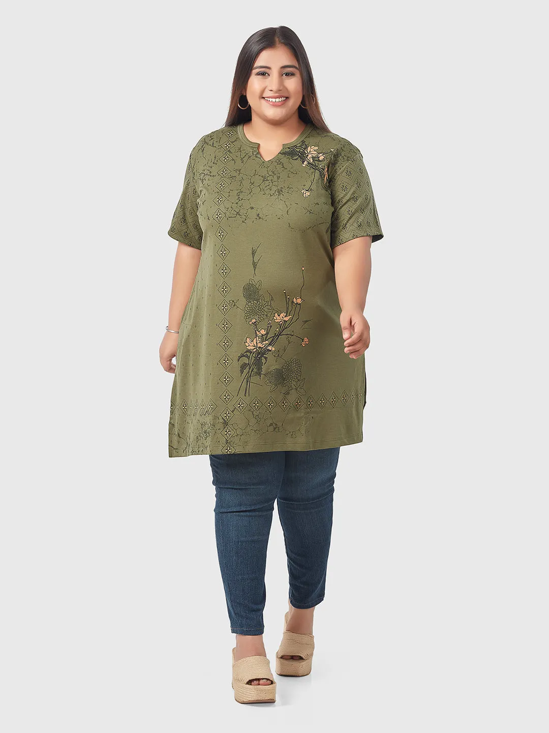 Plus Size Printed Long Tops For Women Half Sleeves - Olive Green