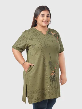 Plus Size Printed Long Tops For Women Half Sleeves - Olive Green