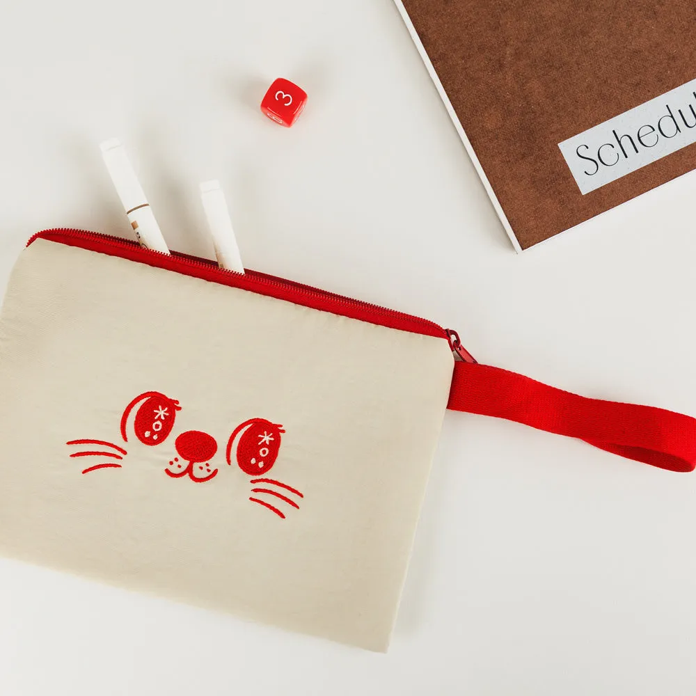 Red Beige Cute Sweet Cat Pouches Slim Pencil Cases Airy Basic Hand Strap Ultra Lightweight Stationery Embroidery