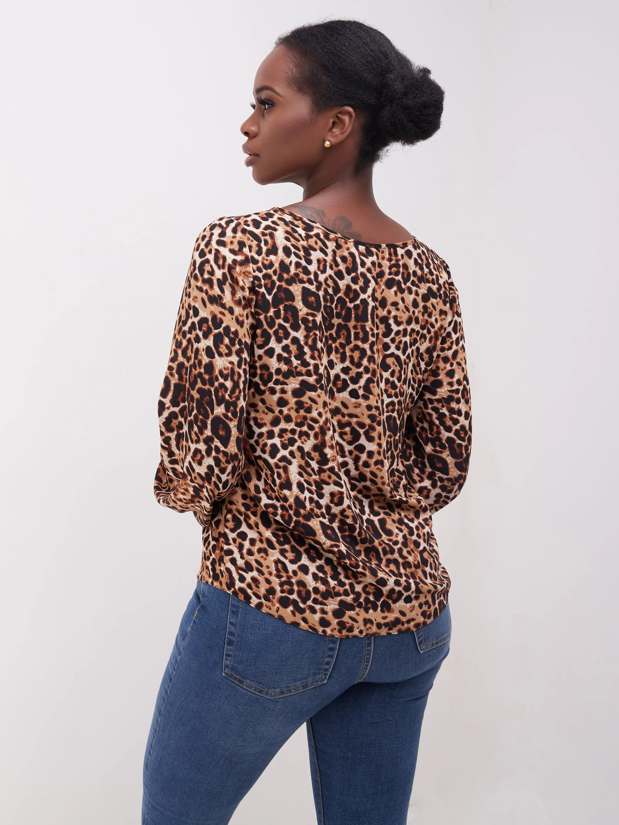 Safari Basic Bishop Sleeve Top - Brown Leopard Print