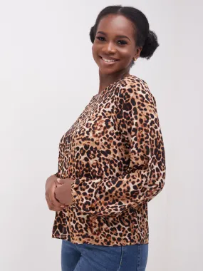 Safari Basic Bishop Sleeve Top - Brown Leopard Print