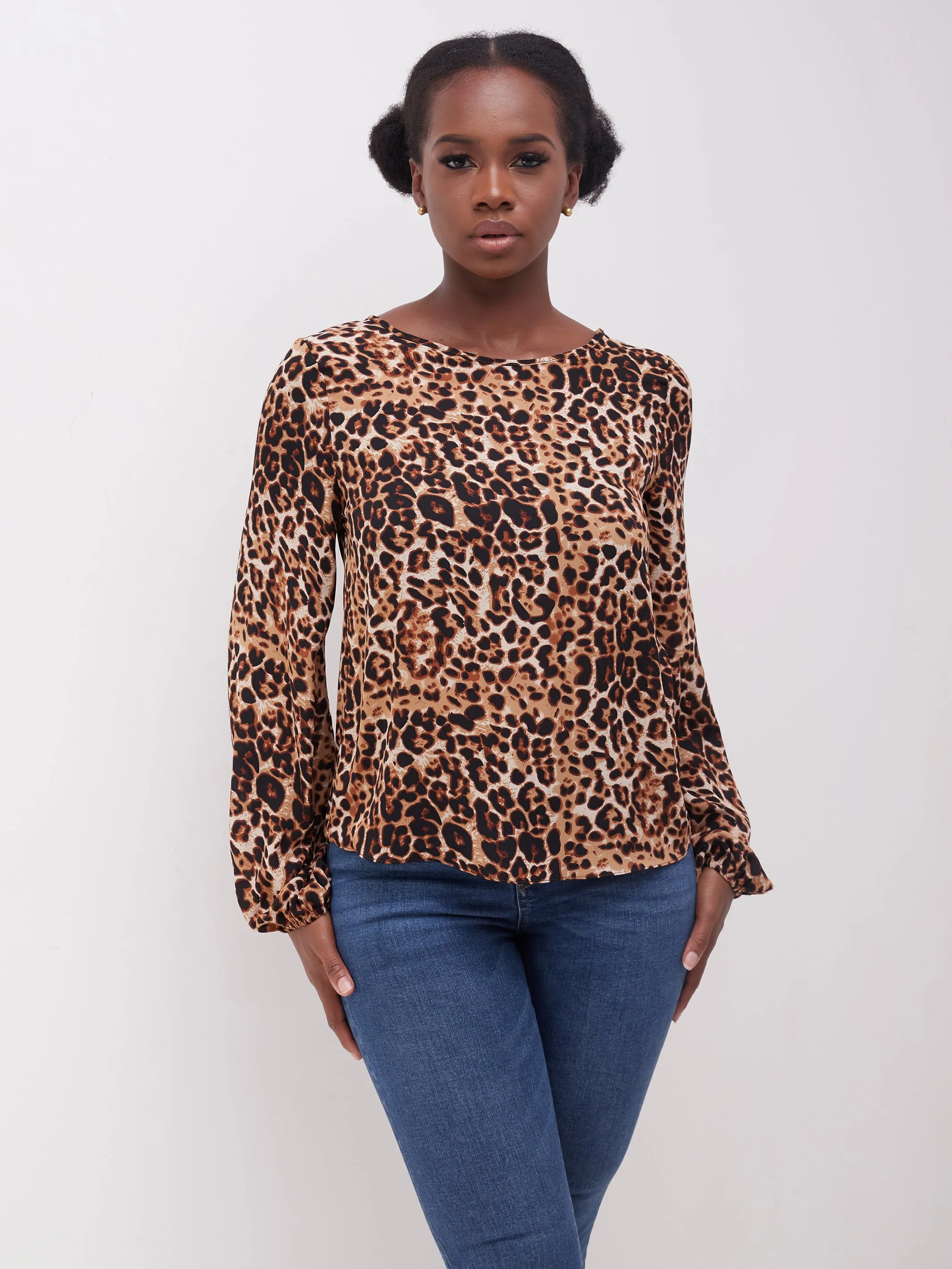 Safari Basic Bishop Sleeve Top - Brown Leopard Print