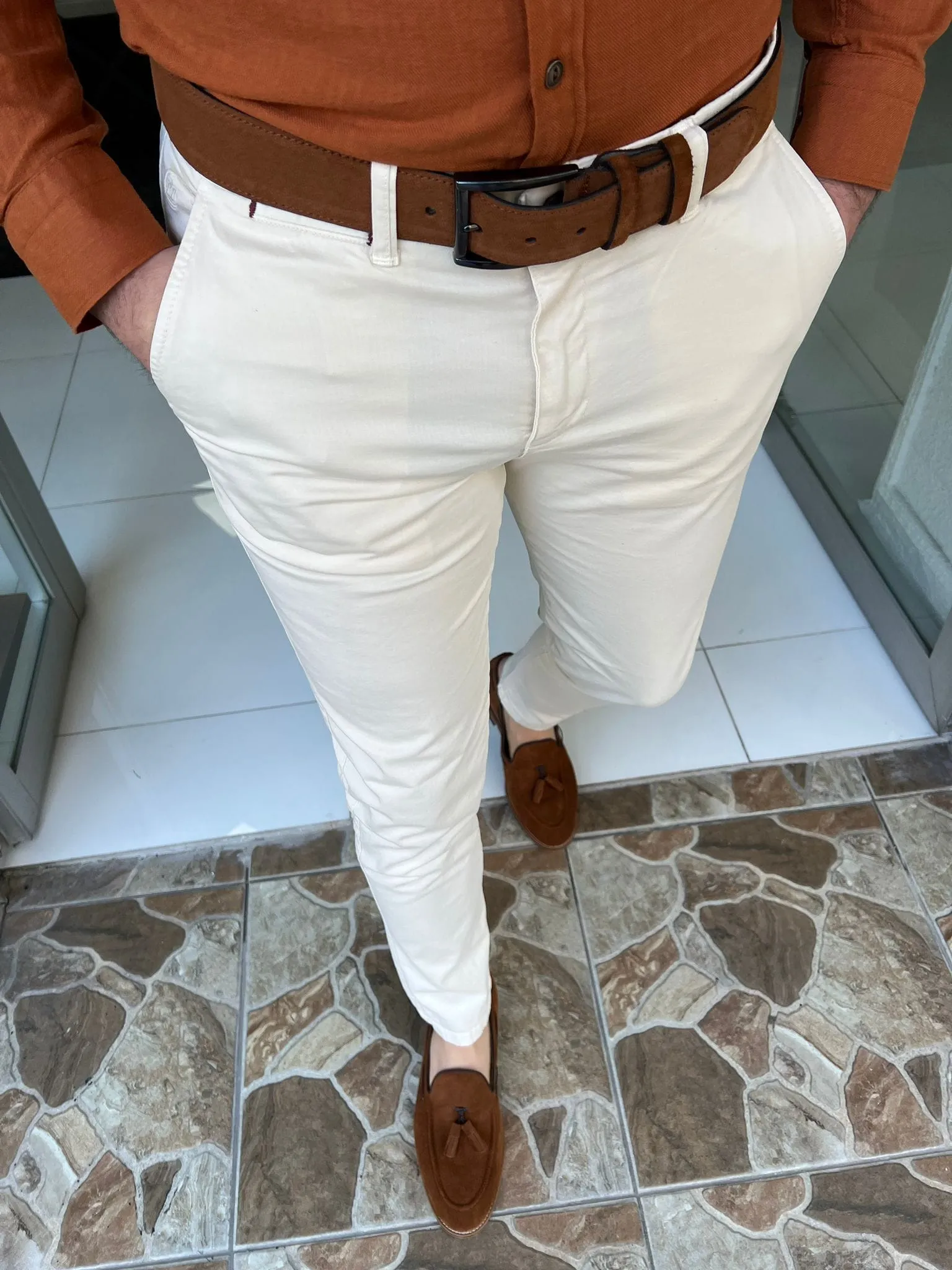 Slim Fit Cotton Cream Pants