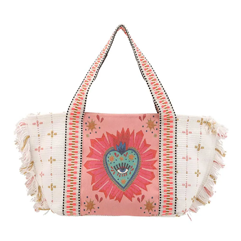 Tassel Trim Boho Evil Eye Heart Pointed Tote Shoulder Bag