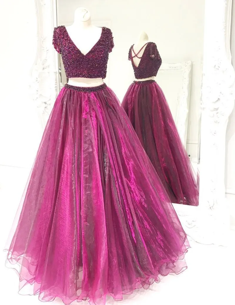 Two Piece Prom Dress Tulle Beaded Prom Dresses Long Prom Dress Evening Dress